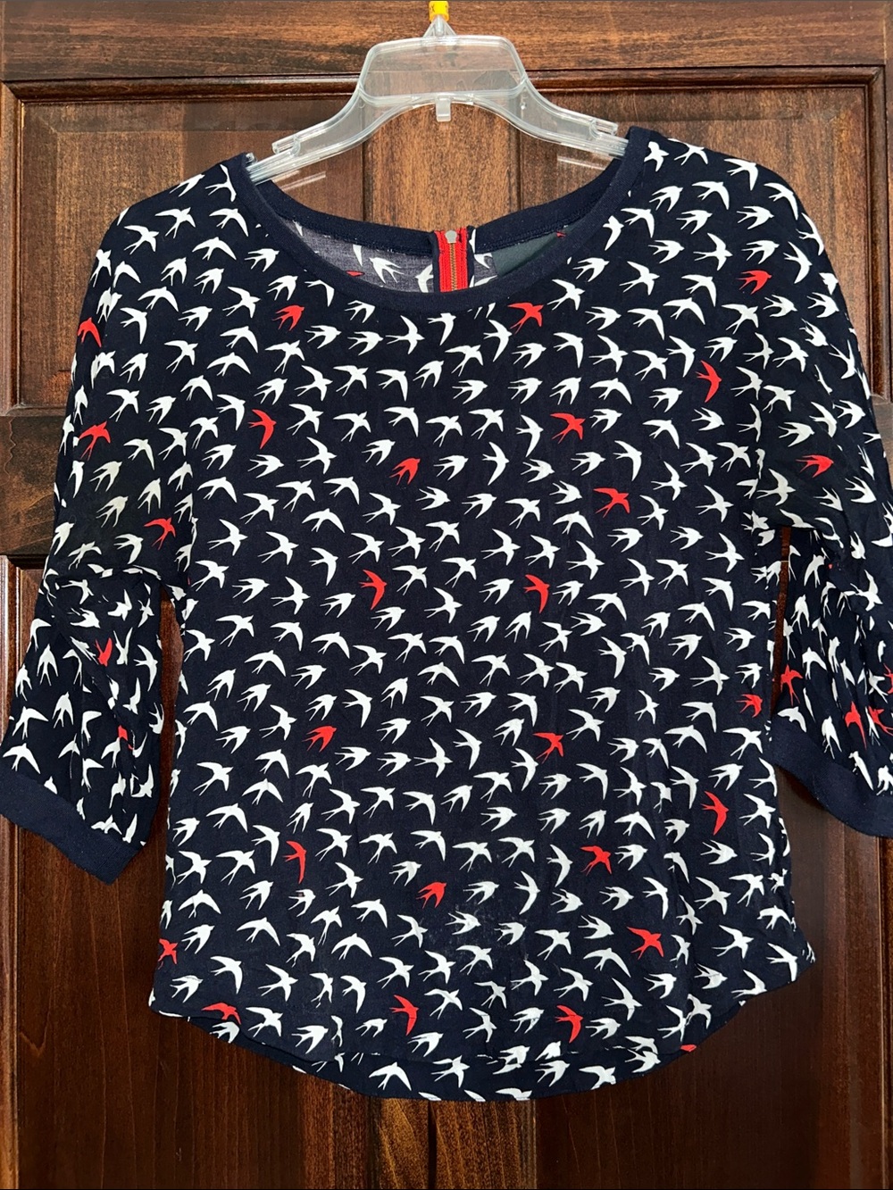 Maeve Navy 3/4 Sleeve Bird-Print Top with Red Accent 8